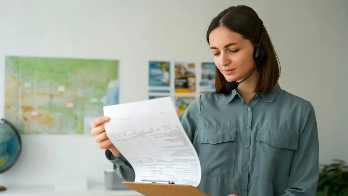 A support agent on a headset reading a document