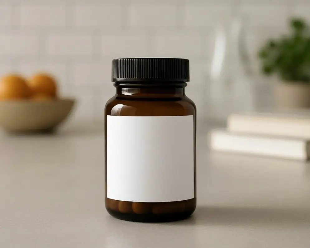 An unlabelled supplement bottle on a kitchen counter