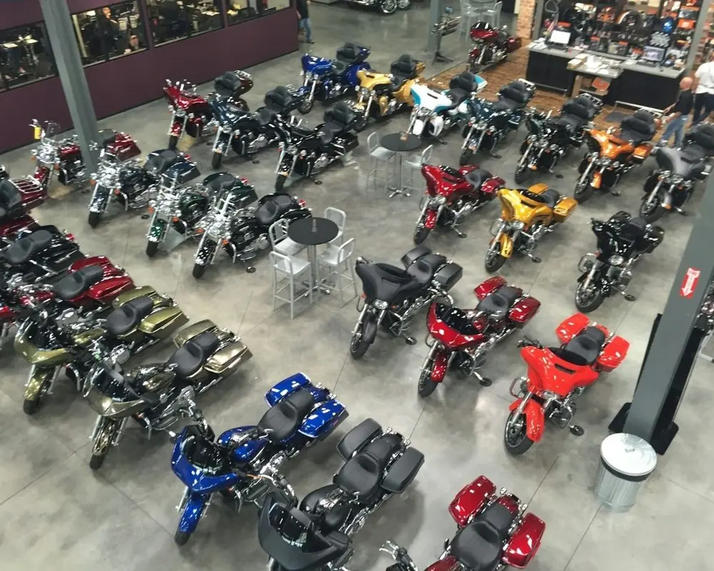 A motorcycle dealership floor seen from above