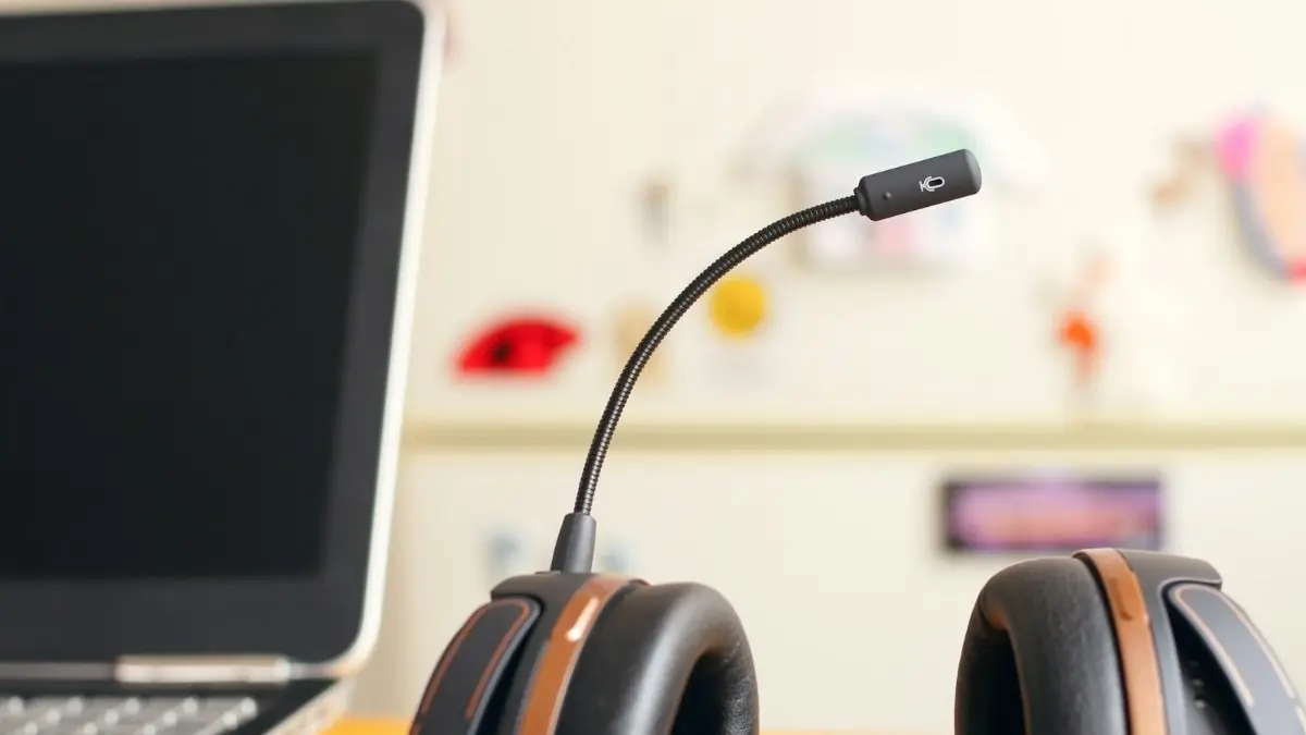 A headset and a laptop on a desk