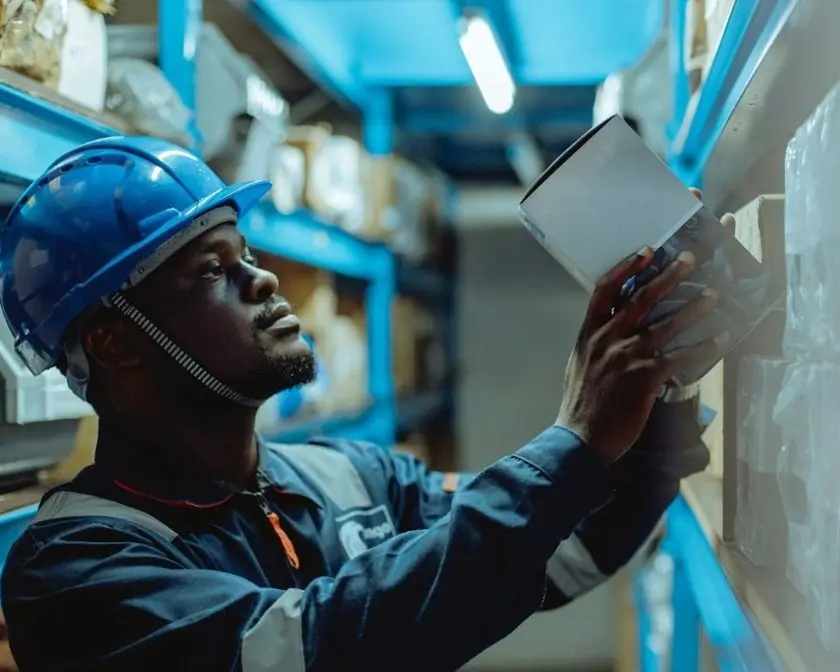 A warehouse worker in a hard hat scanning stock
