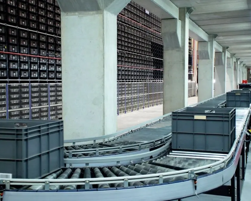 A conveyor line in an automated warehouse