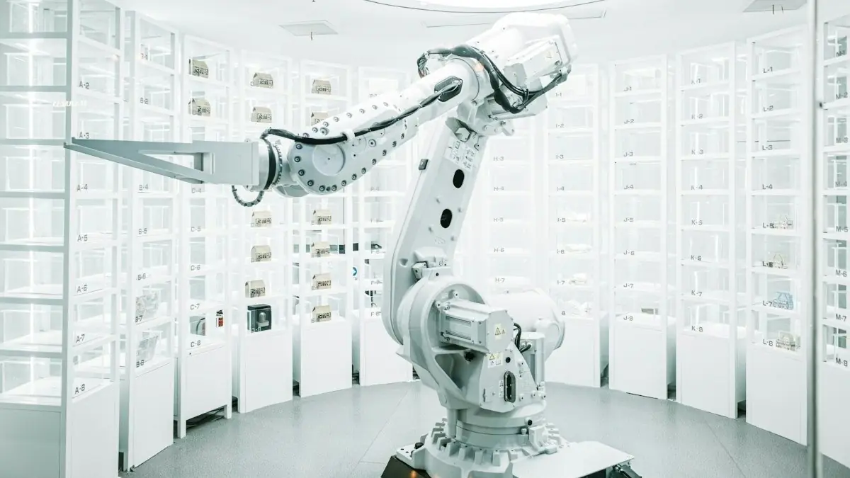 An industrial robot arm in a white test room