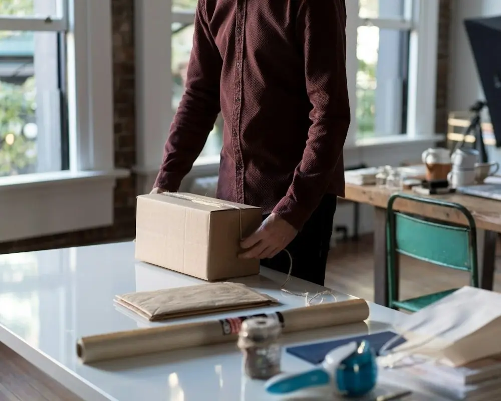 A person packing a cardboard box