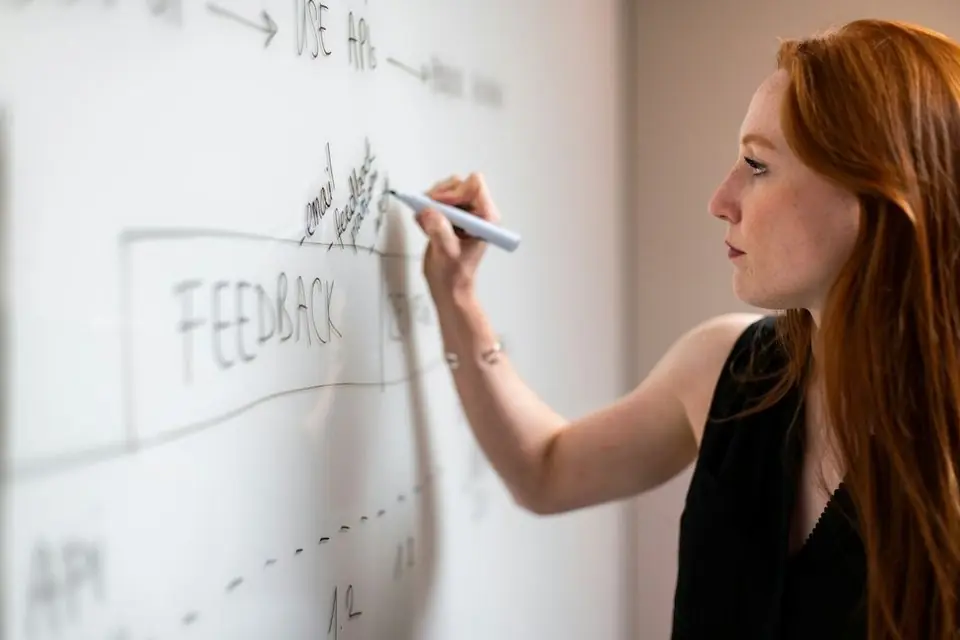 A woman mapping a process on a whiteboard
