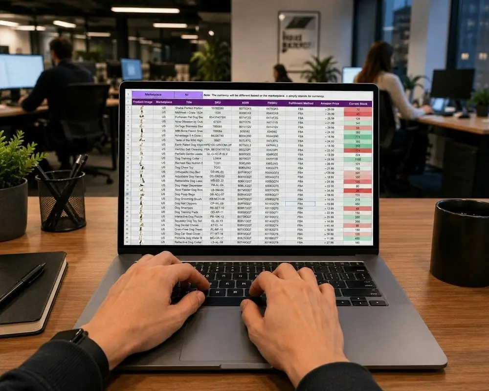 Hands typing on a laptop open to a spreadsheet in an office